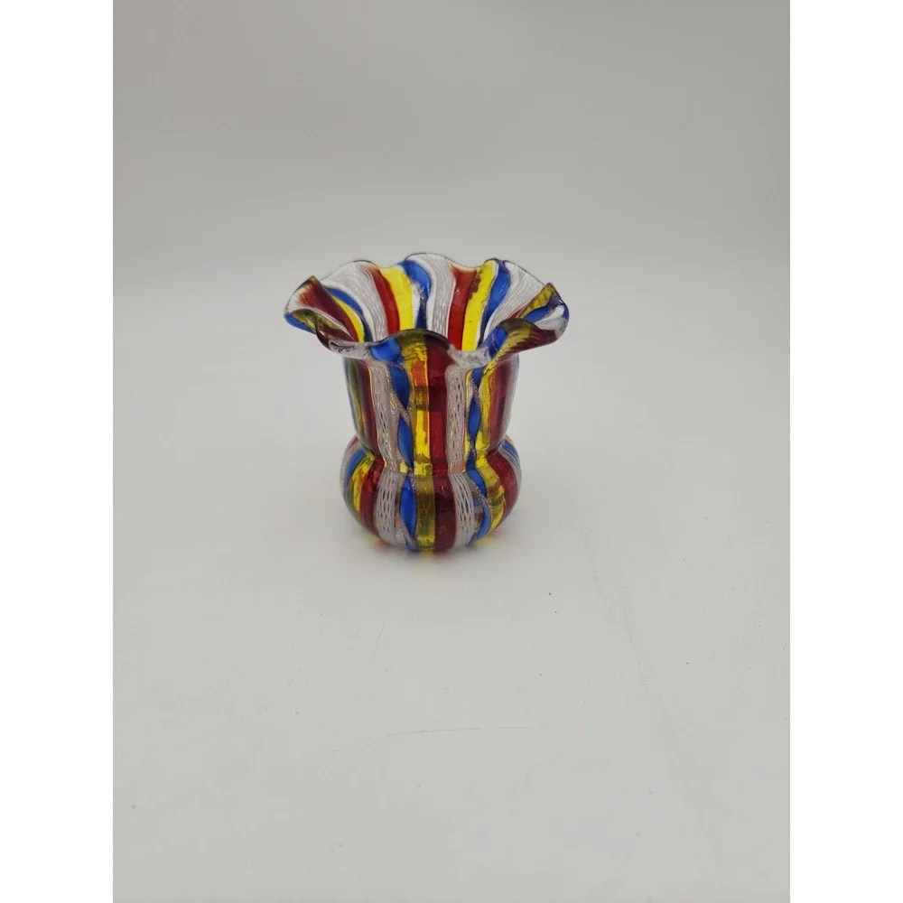 VTG MURANO Latticino Design In Tutti Fruity Colors Toothpick Holder Small Vase